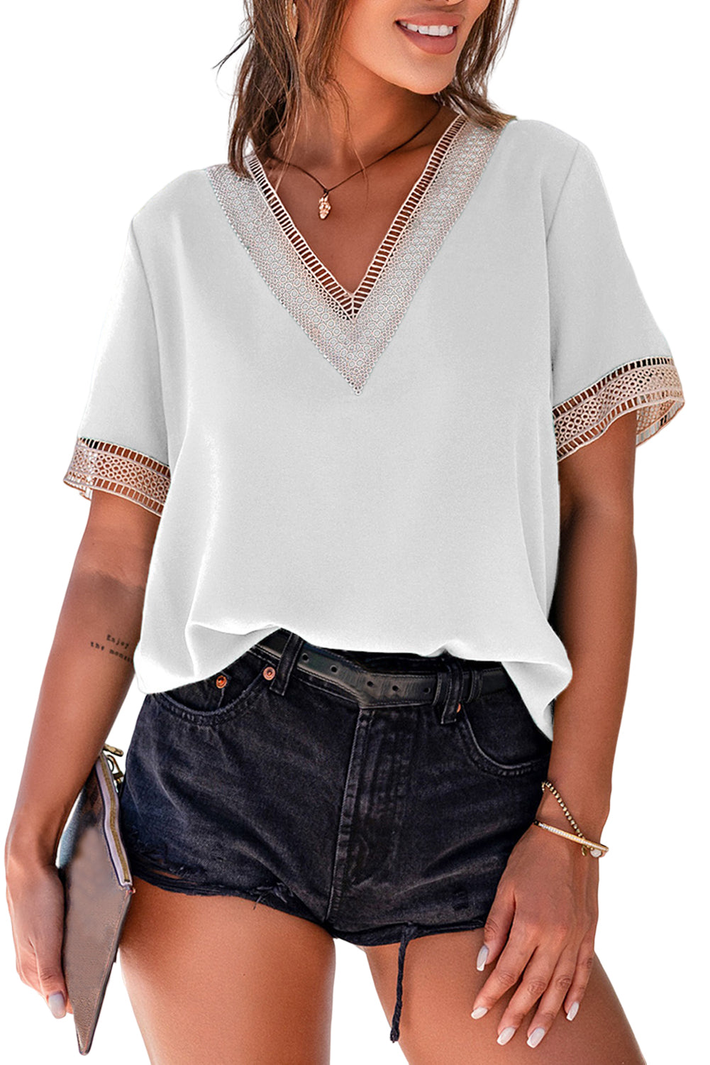 White Contrast Guipure Lace Cold Shoulder Tee