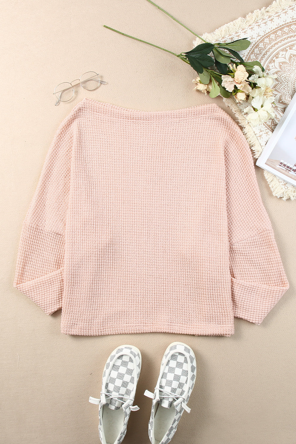 Waffle Knit Eyelet Long Sleeve Blouse