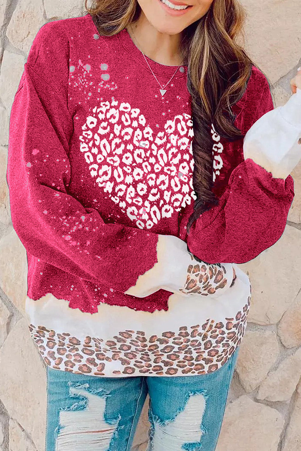 Red Leopard Bleached Pullover Sweatshirt