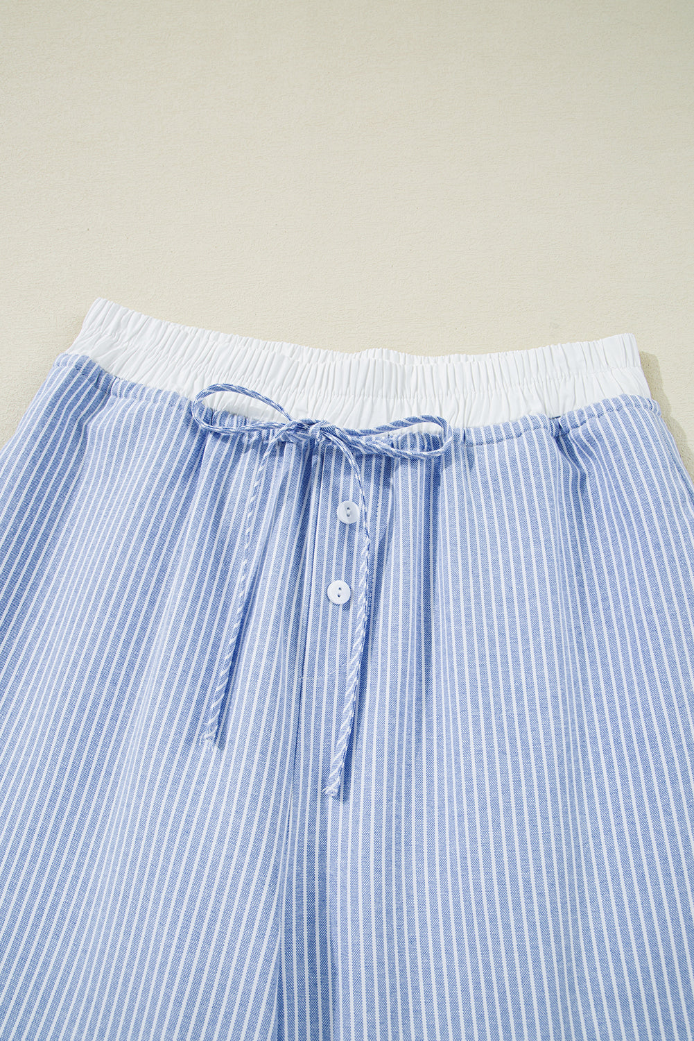 Sky Blue Stripe Wide Leg Buttoned Lace up Elastic High Waist Pants