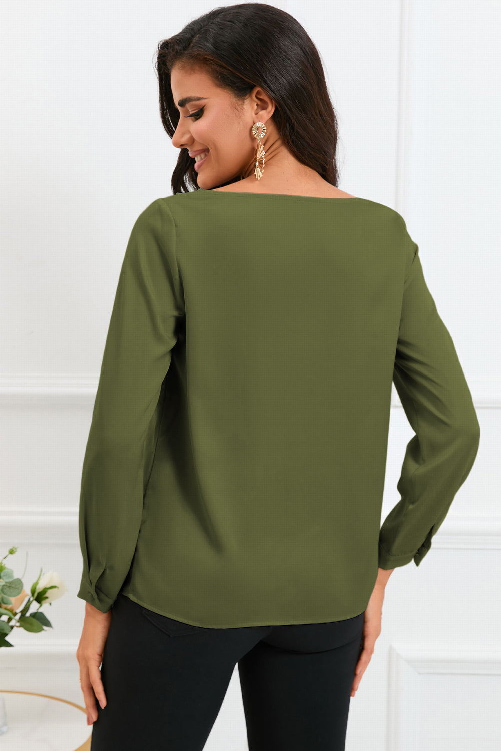 Solid Asymmetric V Neck Long Sleeve Satin Blouse