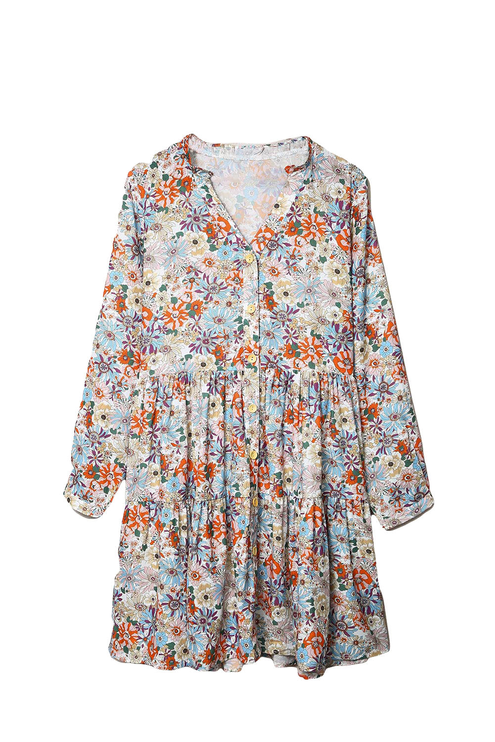 Robe florale multicolore à col fendu et boutons sur le devant