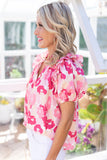 Split Neck Ruffled Puff Sleeves Floral Top