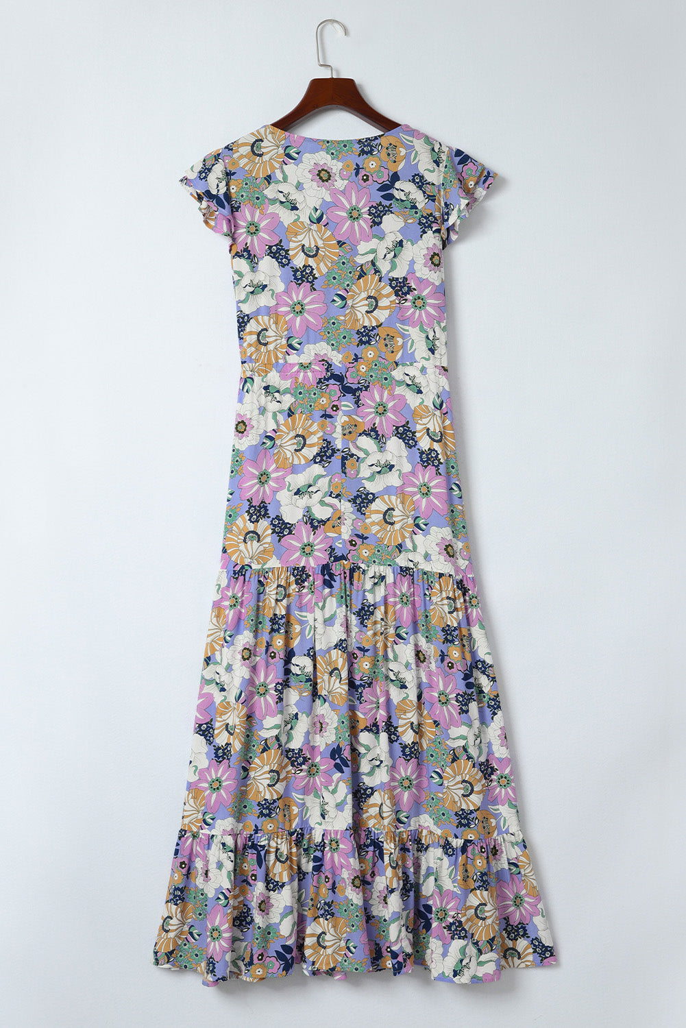 Robe longue à fleurs violette avec manches à volants superposées