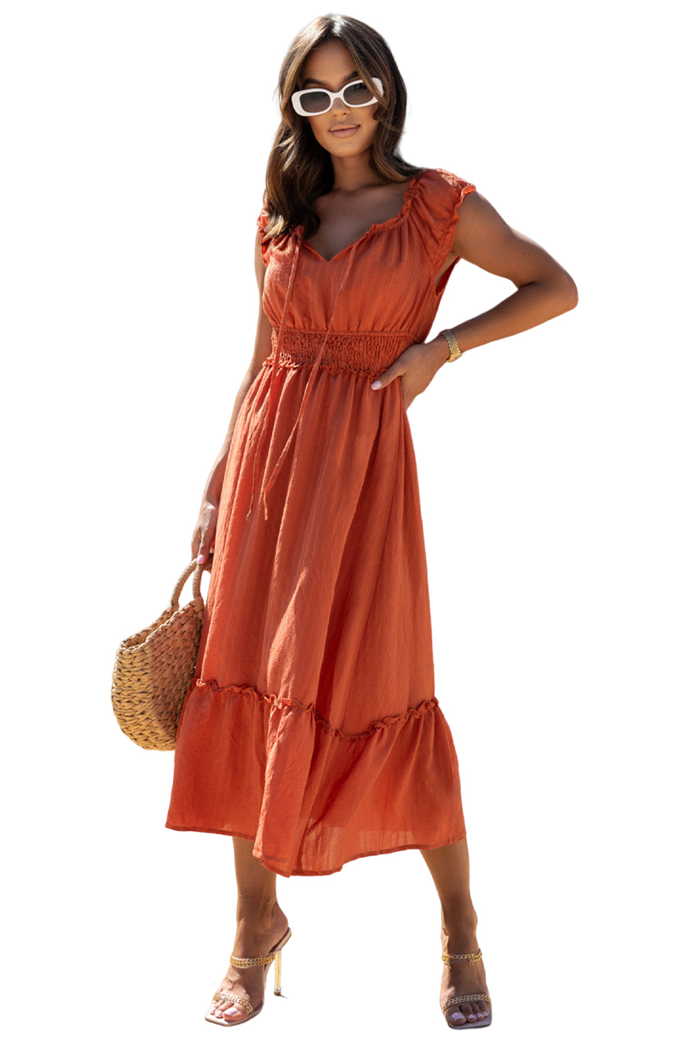 Puff Sleeve Tied V-Neck Smock Waist Frill Midi Dress