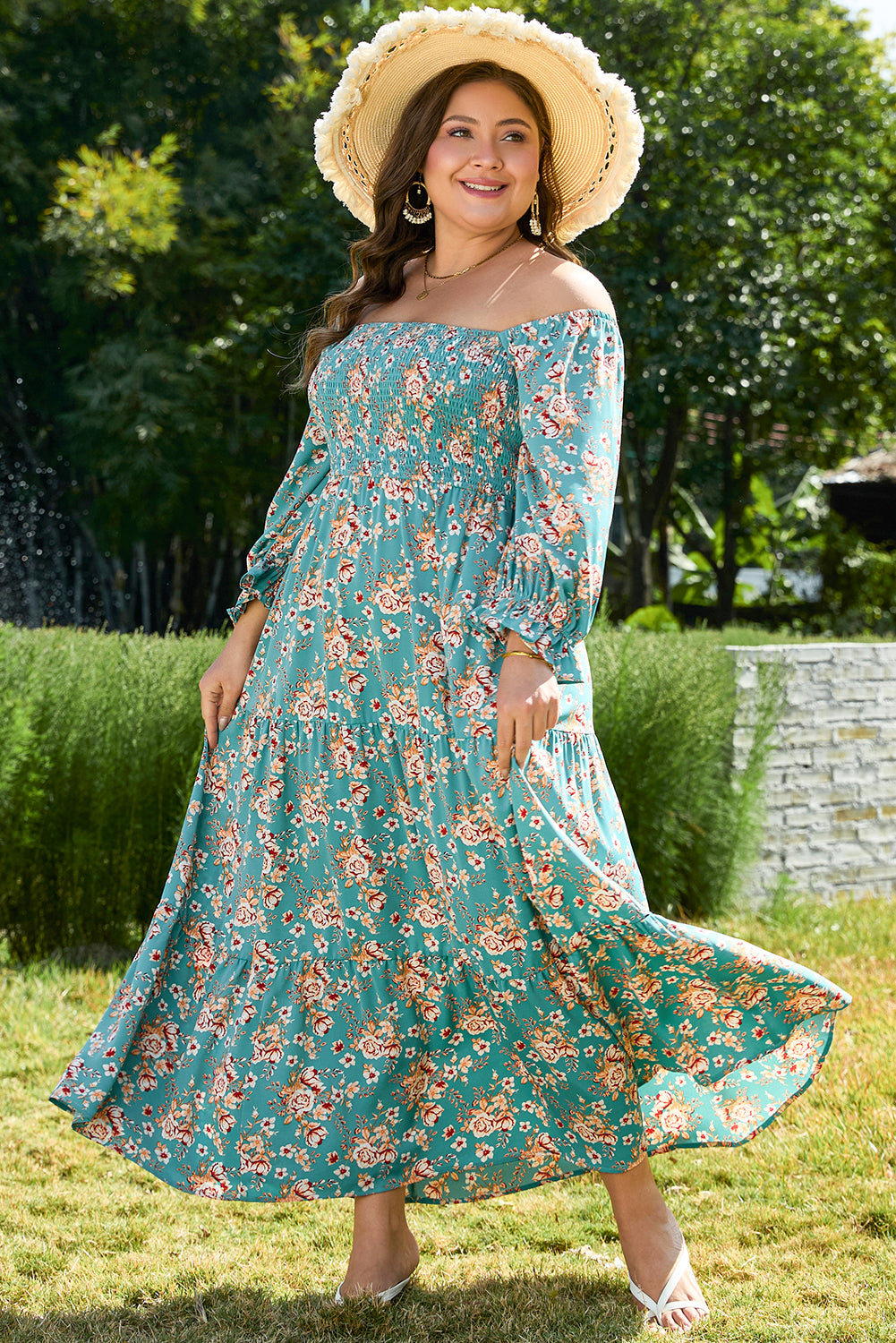 Green Plus Size Floral Print Square Neck Smocked Maxi Dress