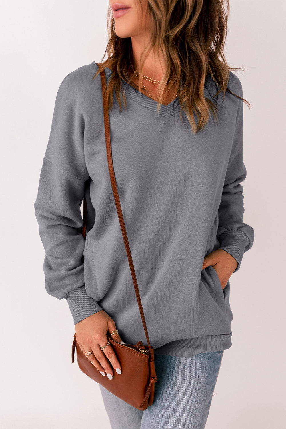 Ribbed V Neck Drop Shoulder Sweatshirt