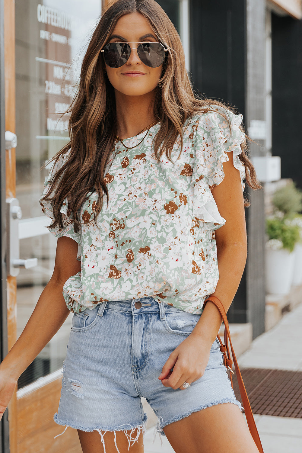 Green Floral Ruffle Short Sleeve Tee