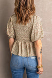 Floral Print Puff Sleeve Smocked Top