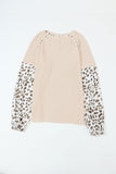 Leopard Print Patchwork Lantern Sleeve Waffle Knit Top