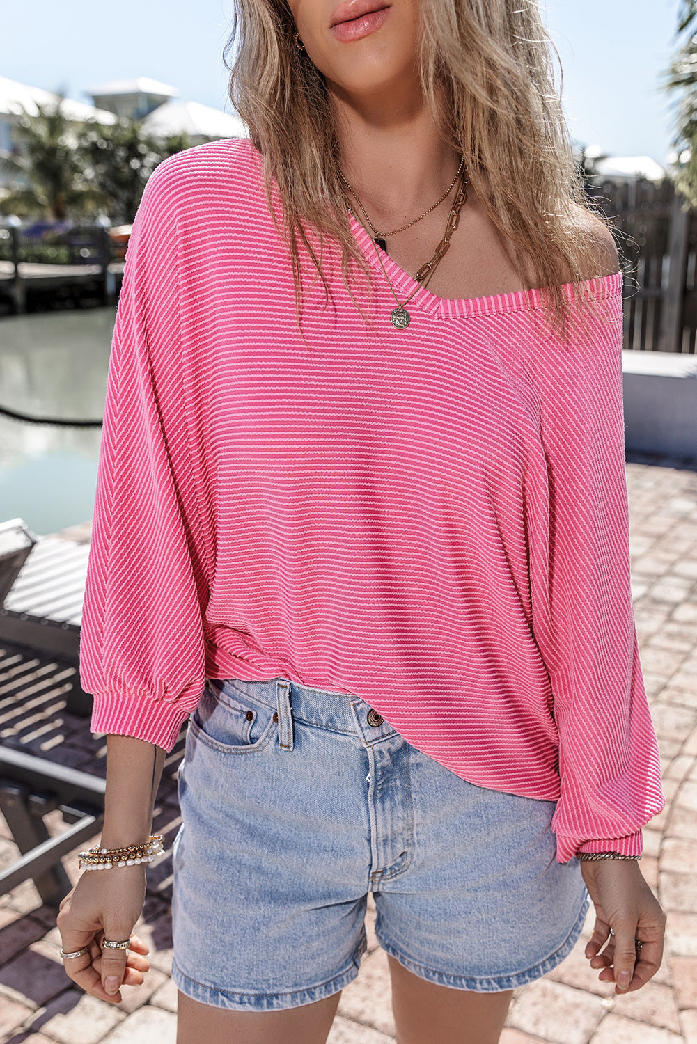 Strawberry Pink Striped Print Bracelet Sleeve V Neck Top