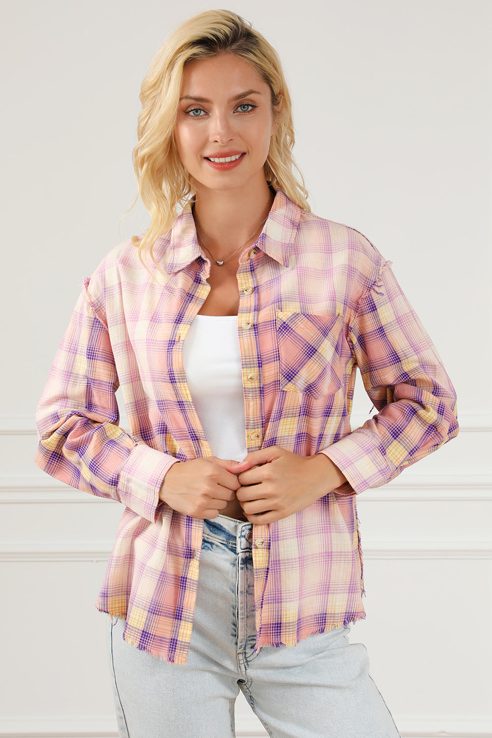 Purple Bleached Plaid Print Exposed Seam Shirt