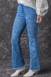 Sky Blue Leopard Print Raw Hem High Waist Flare Jeans