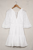 Lace Crochet Buttons Bell Sleeve V Neck Mini Dress