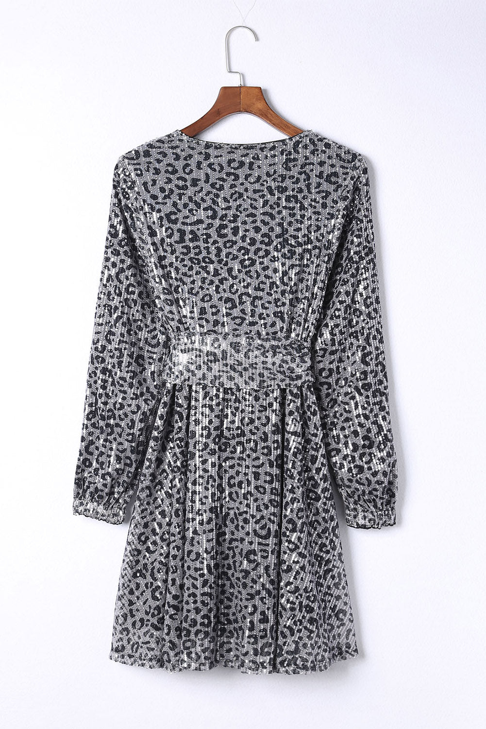 Leopard Sequins V Neck Wrap Dress with Tie