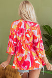 Orange Abstract Print 3/4 Sleeve V Neck Ruffled Babydoll Blouse