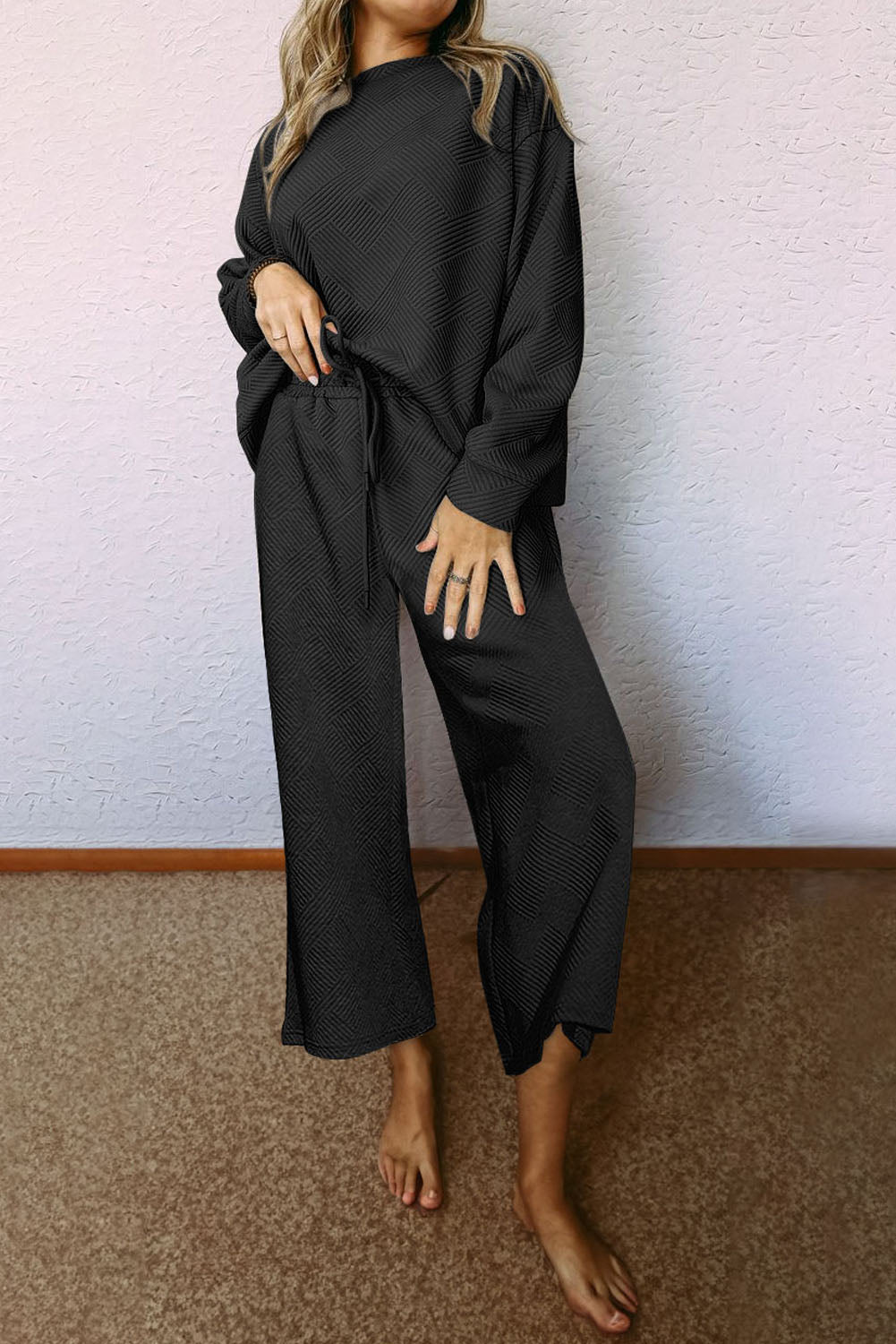 Black Textured Loose Fit T Shirt and Drawstring Pants Set