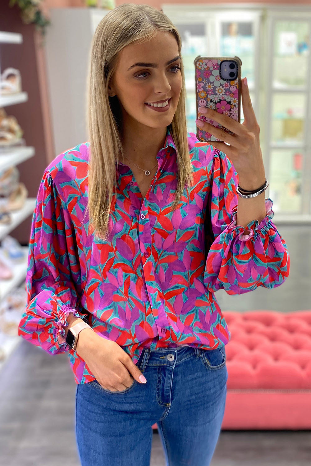 Abstract Floral Button Up Long Puff Sleeve Shirt