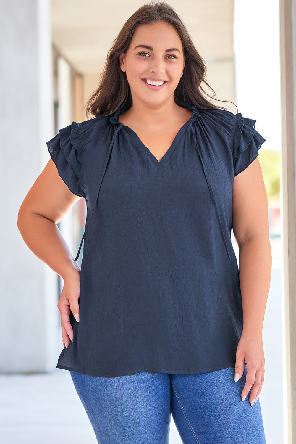 Blue Tiered Ruffled Sleeve Drawstring V Neck Plus Size Blouse