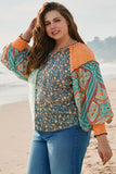 Green Floral Patchwork Lantern Sleeve Buttoned V Neck Plus Size Blouse