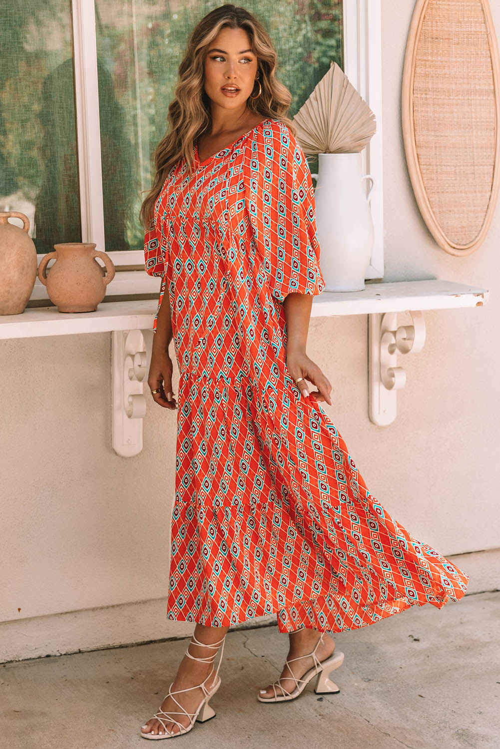 Ethnic Geometry Print Bubble Sleeve Maxi Dress