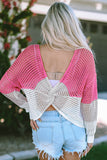 Color Block Eyelet Long Sleeve Twisted Back Knit Top