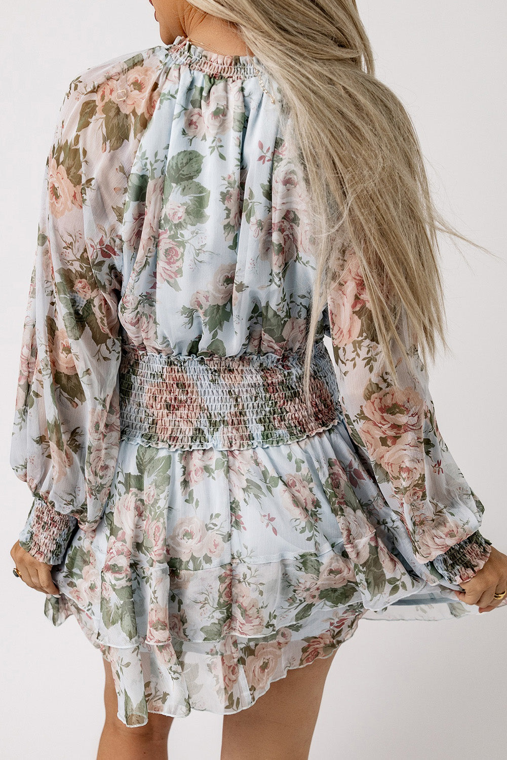 Floral Print Tiered Ruffled Shirred High Waist Mini Dress