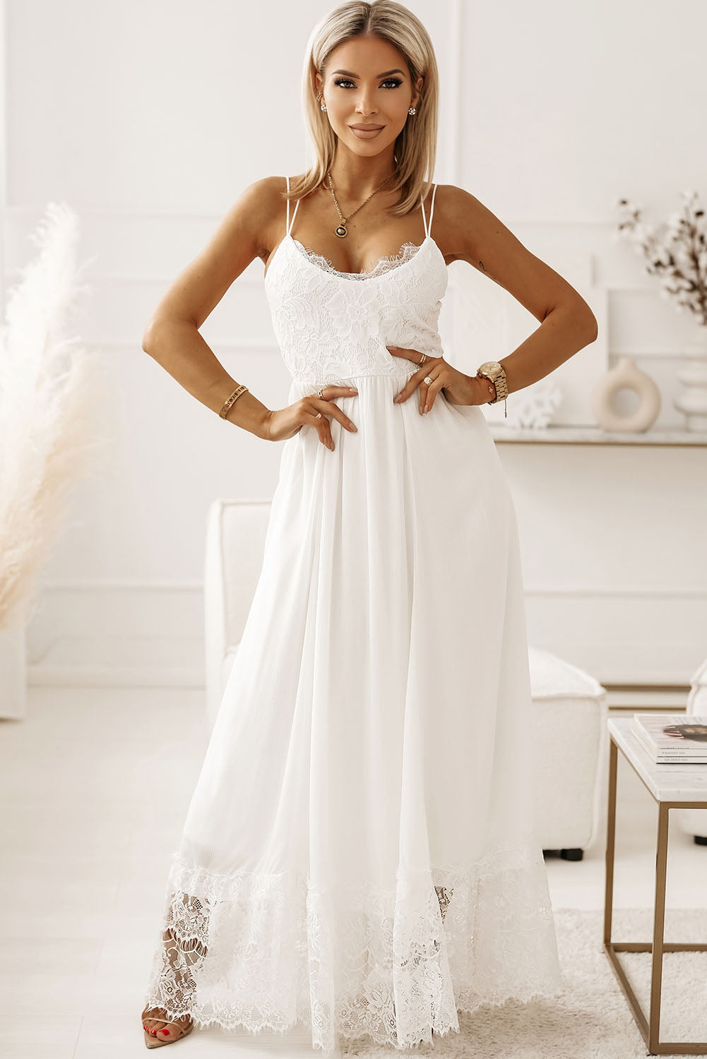 Spaghetti Strap Backless Contrast Lace Wedding Dress