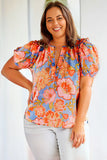 Floral Bubble Sleeve V-Neck Plus Size Blouse