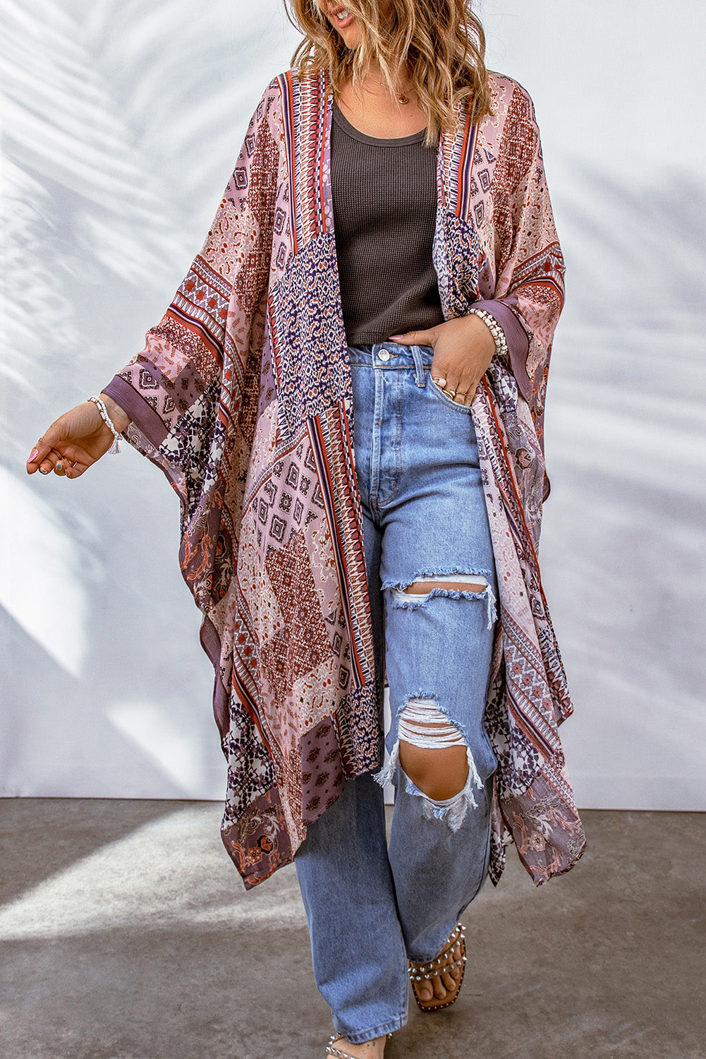 Geometric Print Open Front Kimono