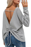 Gray V Cut Drawstring Back Waffle Knit Long Sleeve Top