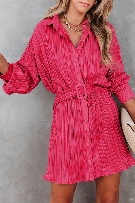 Rose Pleated Buckle Belt Drop Shoulder Shirt Mini Dress