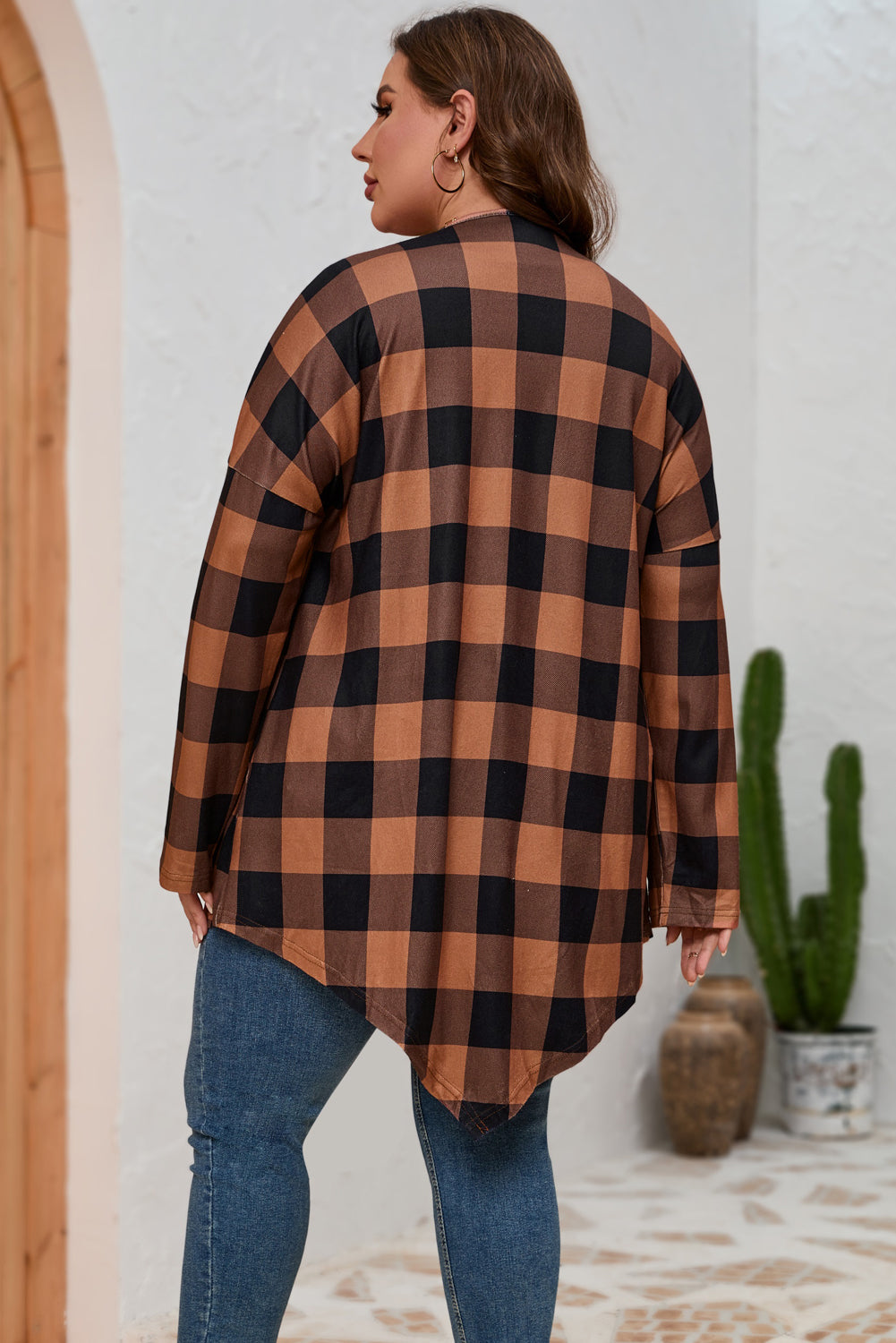 Plus Size Plaid Pattern Open Front Cardigan