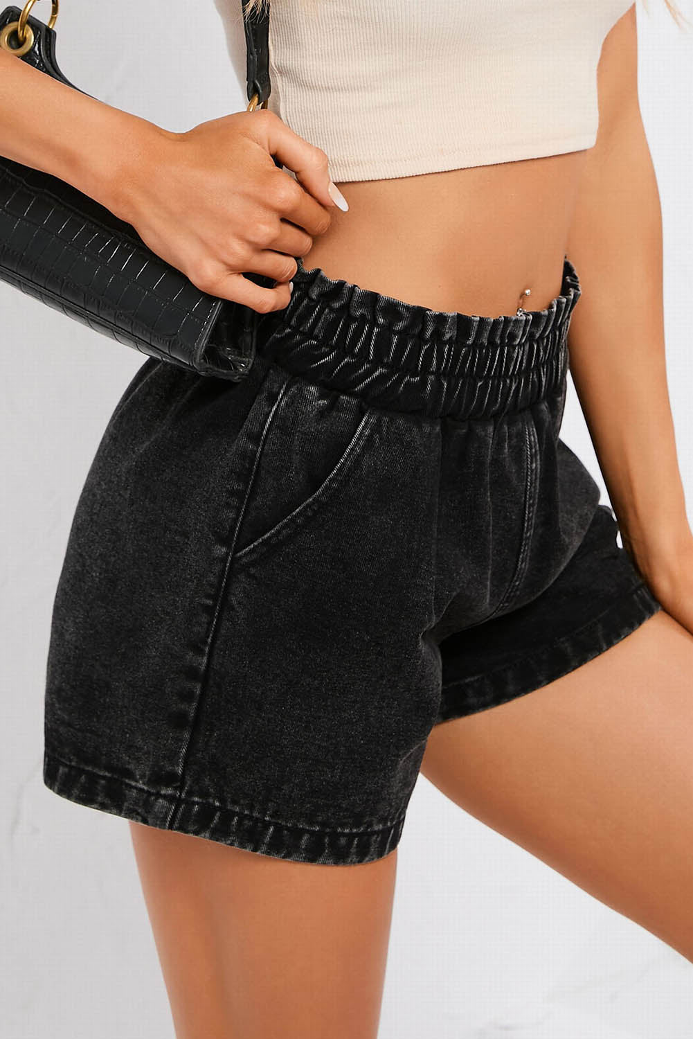 Retro Bleach-washed Ruffled Elastic High Waist Denim Shorts