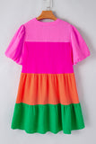 Multicolor Crinkle Bubble Sleeve Color Block Blouse