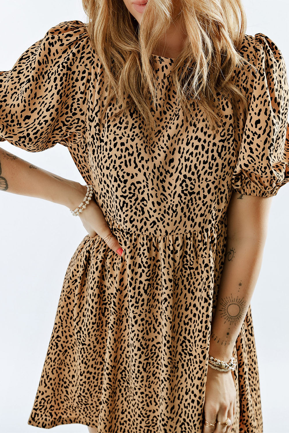 Animal Print Bubble Sleeve Babydoll Dress