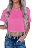 Rhinestone Fringe Short Sleeve Crop Top