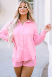 Crinkle Frayed Long Sleeve Shirt and Casual Shorts Set