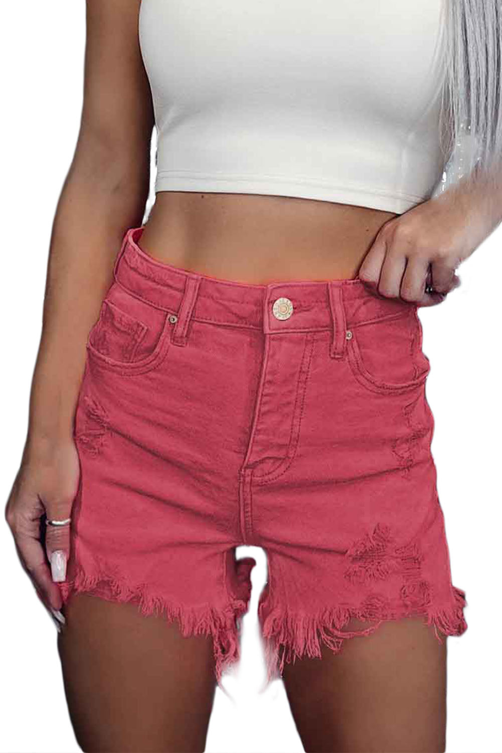 Short en jean rouge effet vieilli à bords bruts découpés