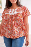 Floral Printed Lace Trim Plus Ruffle Sleeve Blouse