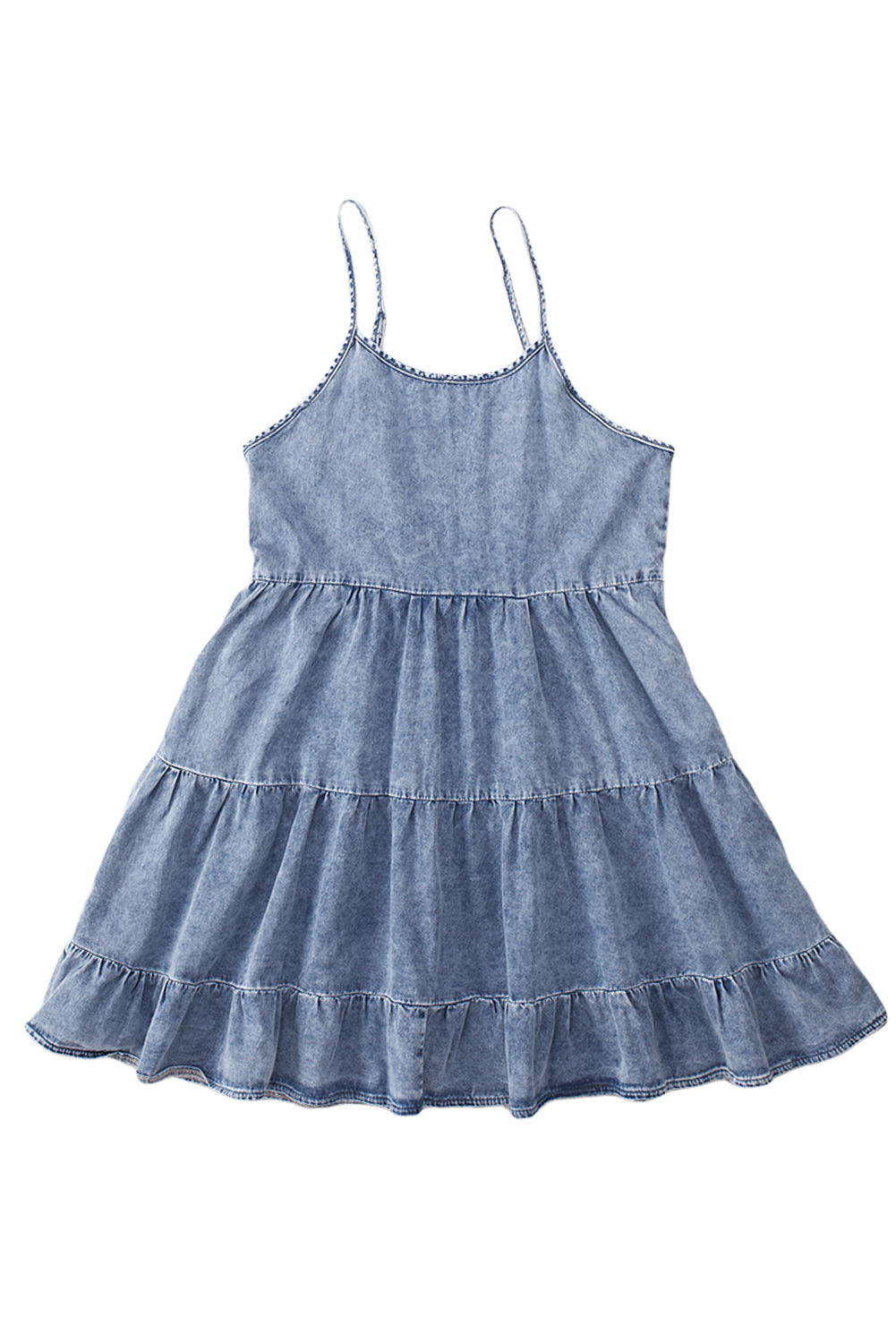 Sky Adjustable Straps Tiered Ruffle Denim Dress