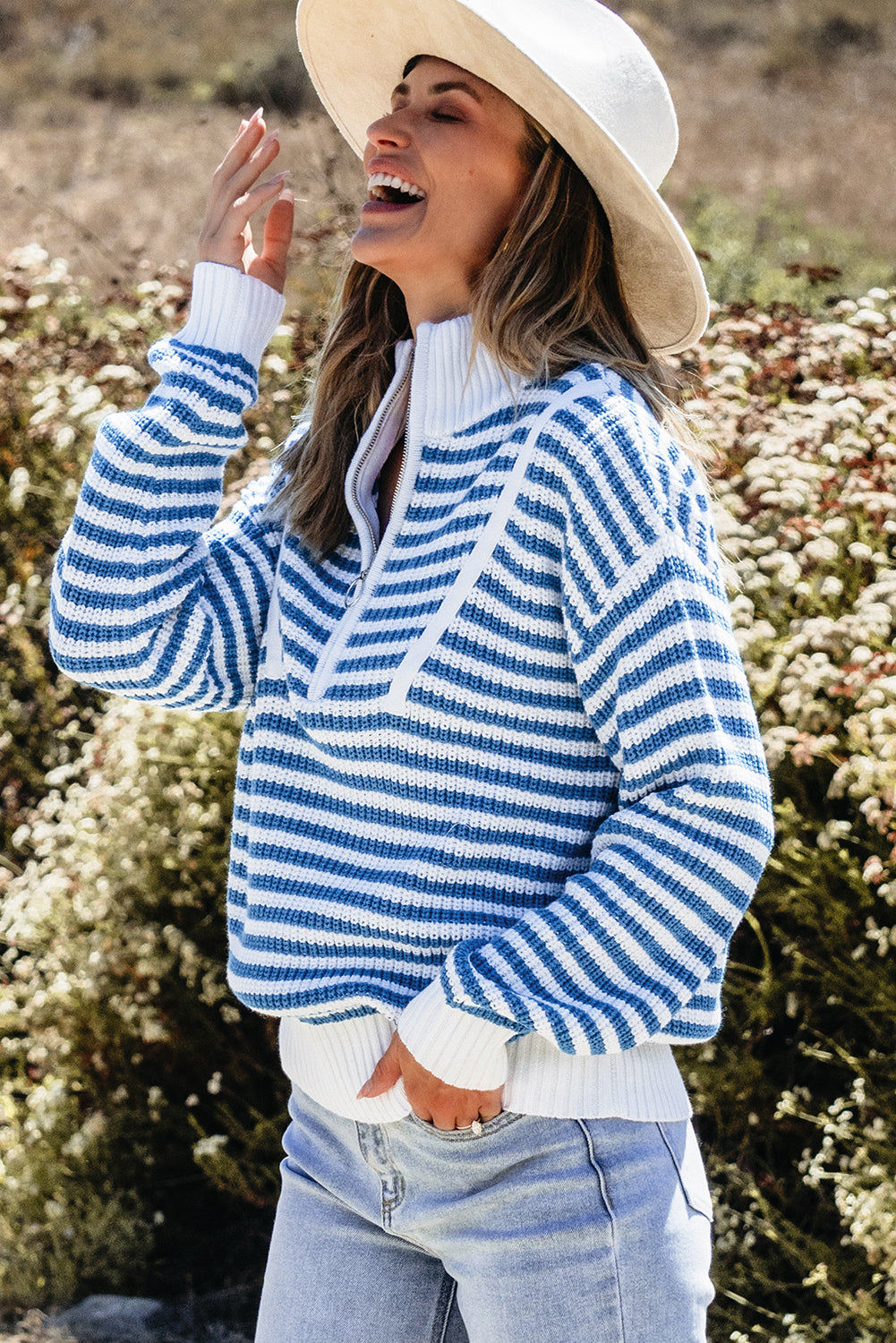 Pink Stripe Zip up Collar Drop Shoulder Sweater