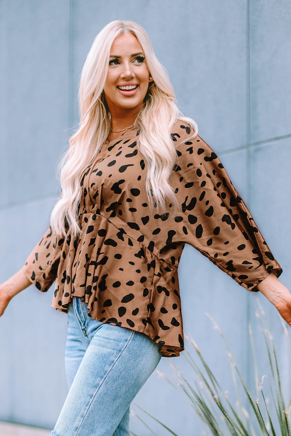 V Neck Print Peplum Blouse