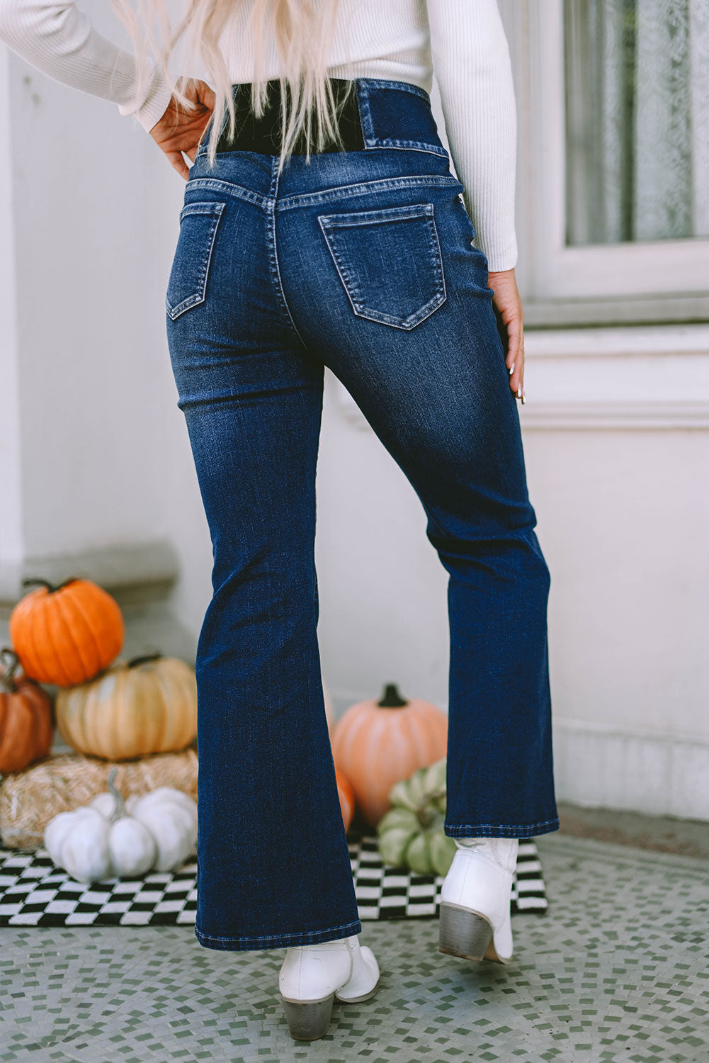 Buttons Elastic Wide Waistband Back Flare Jeans