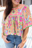 Orange Geometric Print Bell Sleeve O Neck Babydoll Blouse