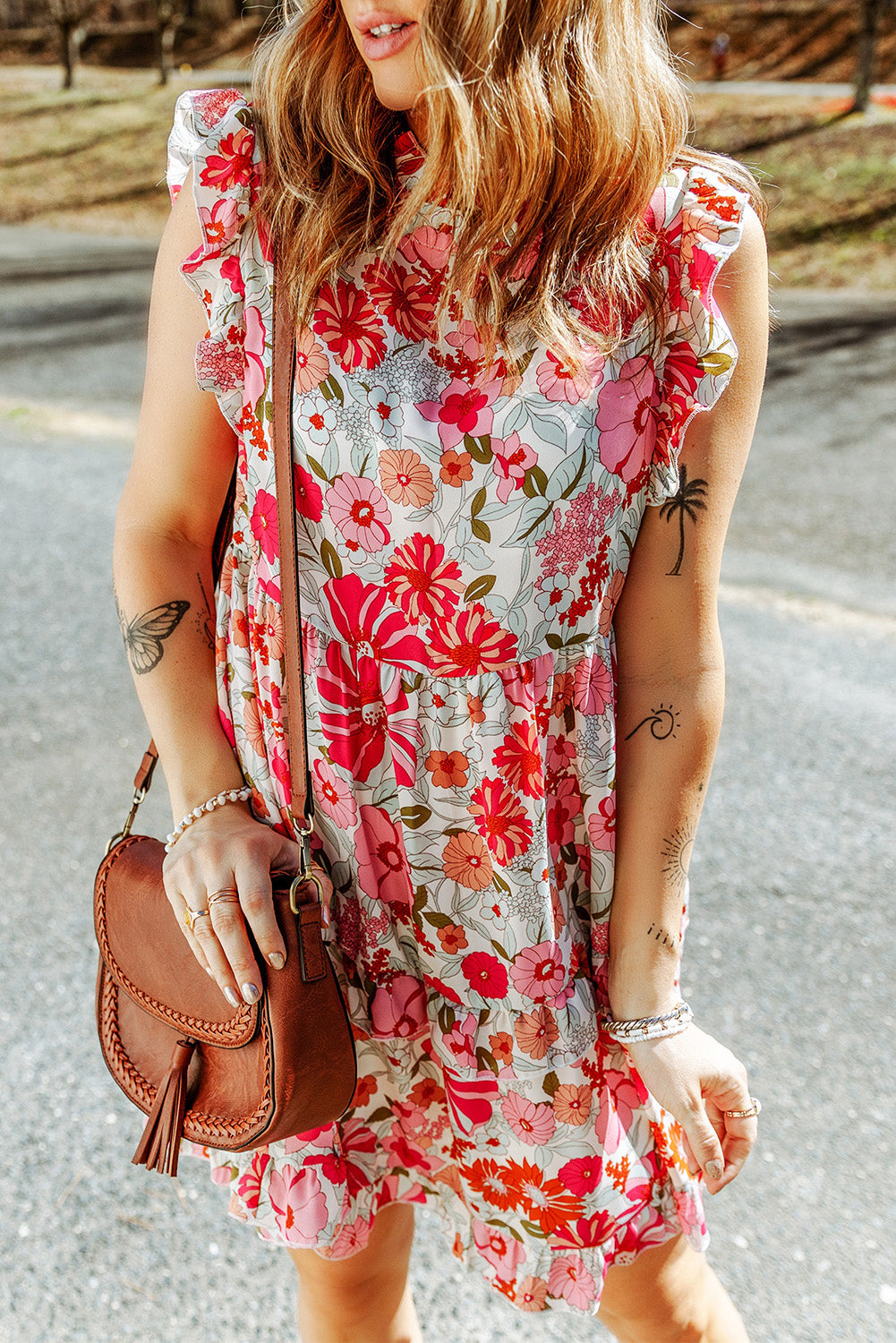 Purple Multicolor Flutter Floral Print Flowy Tank Top