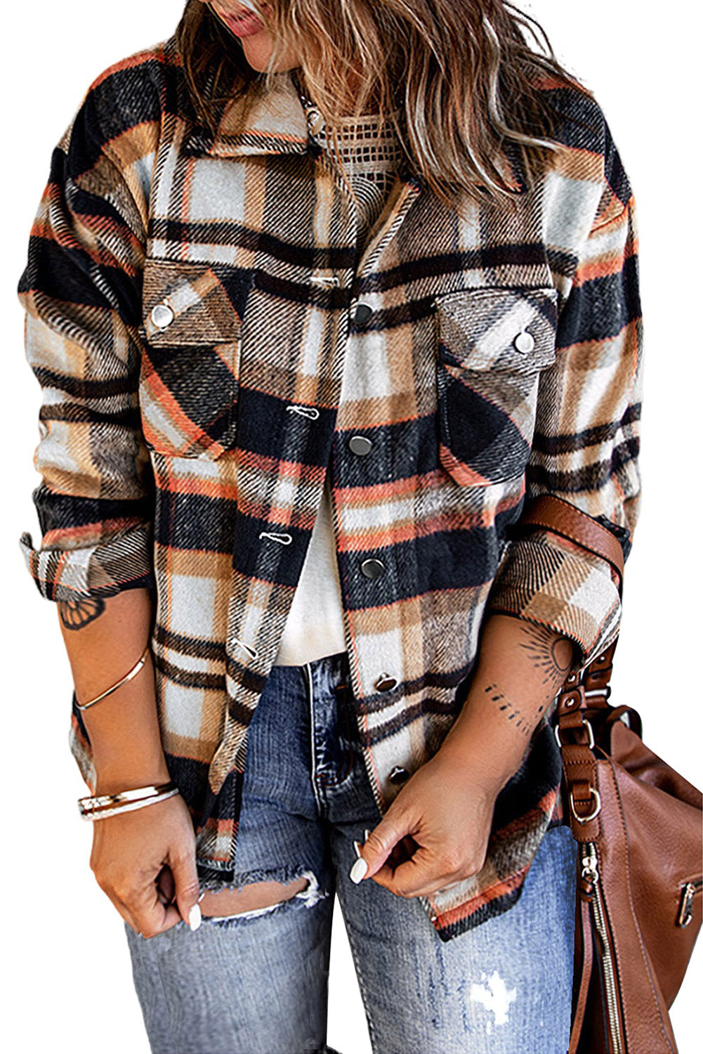 Plus Size Plaid Flap Pocket Shacket