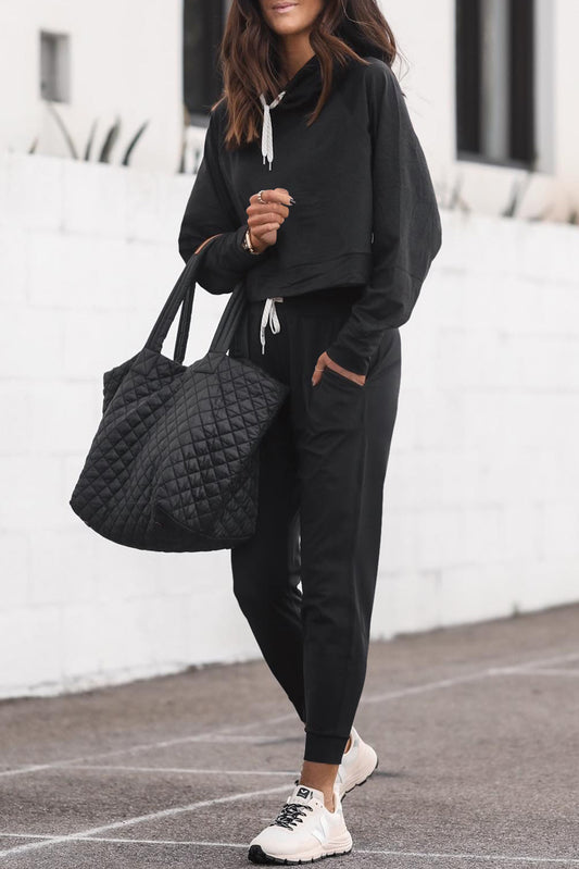 Black Drawstring Hoodie and High Waist Pants Lounge Set