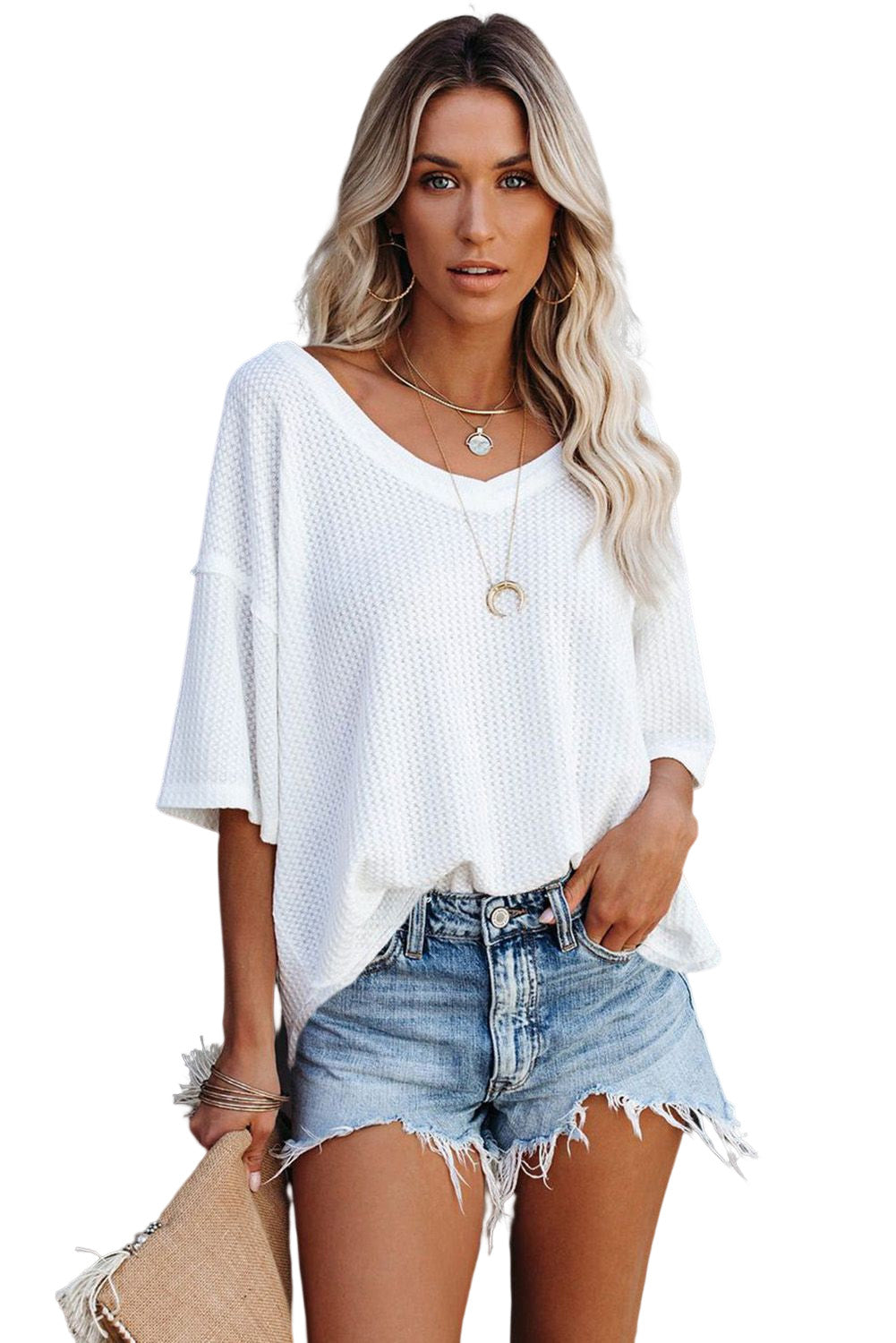 White Waffle Knit Drop Shoulder Loose Top