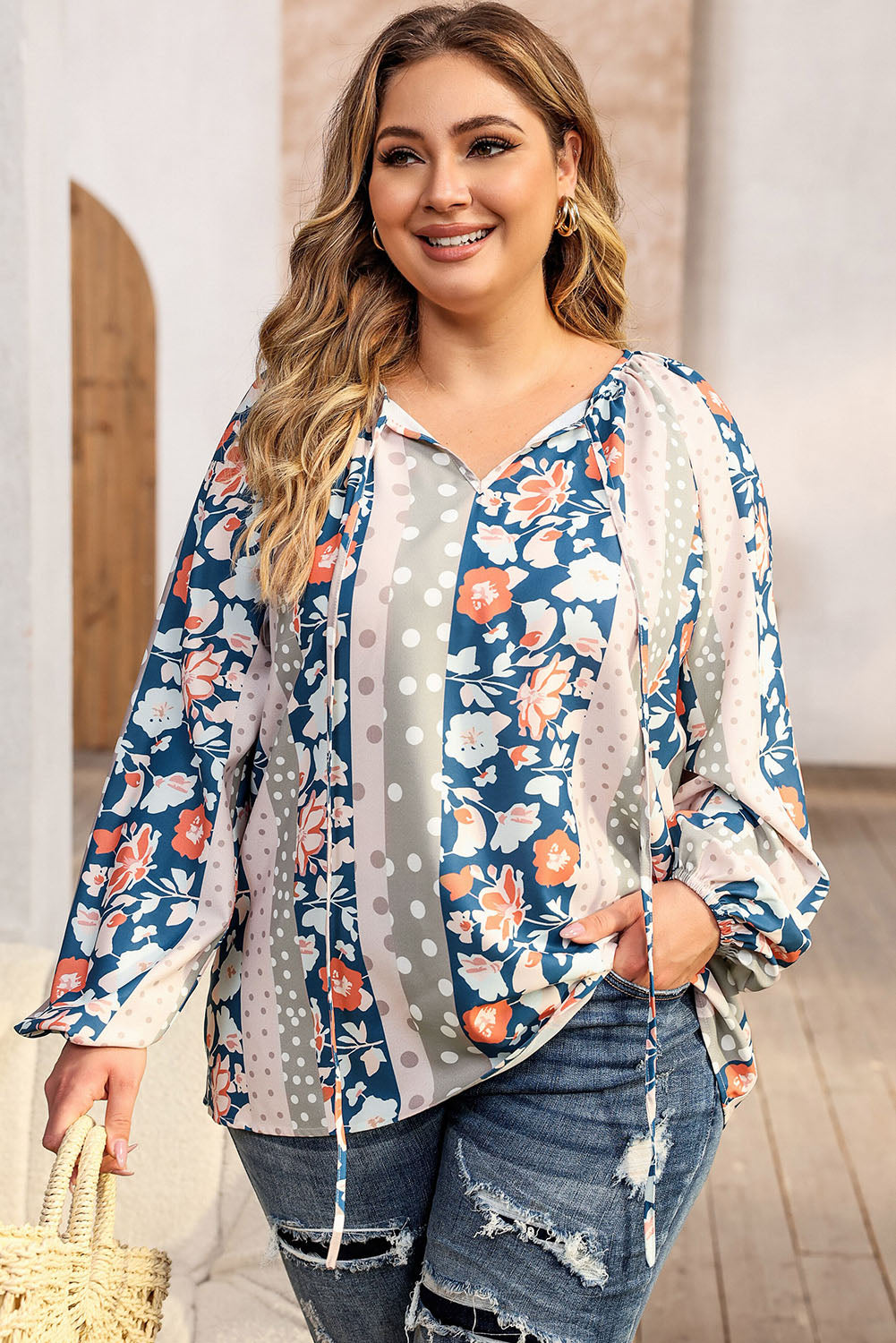 Plus Size Mixed Print Split Neck Blouse